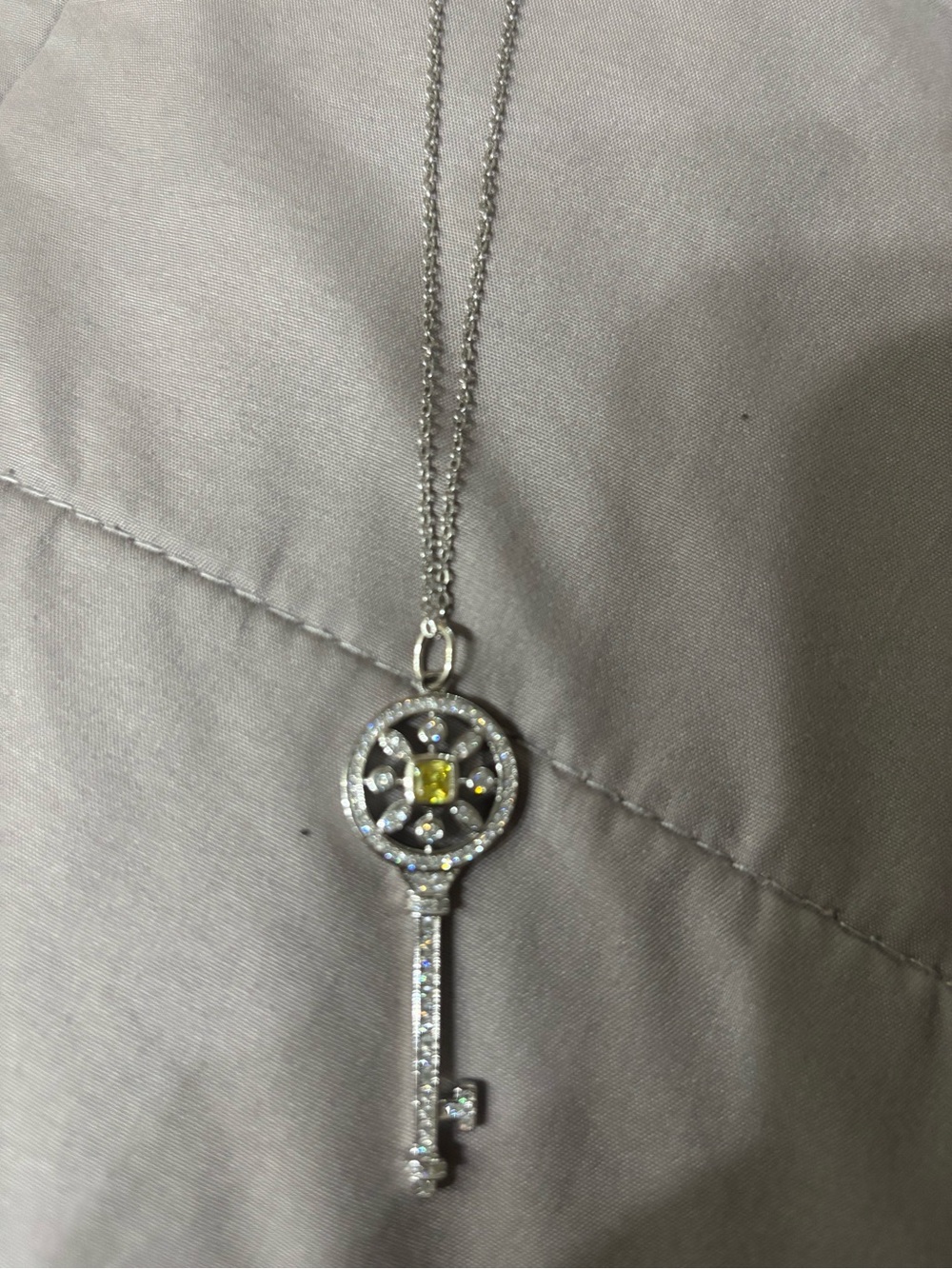 Silver Key Pendant Necklace with Yellow Topaz Center Stone